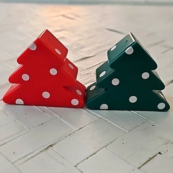 Hallmark Vintage 1992 Christmas Tree Salt & Pepper Shakers Red Green 2" T x 2.5" - Picture 3 of 6
